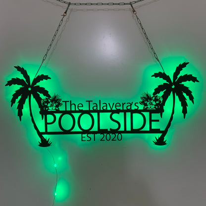 Personalized Tropical Poolside Metal Sign With Led Light, Custom Palm Tree Metal Wall Art, Tiki Bar Patio Backyard Sign Metal Outdoor Decor