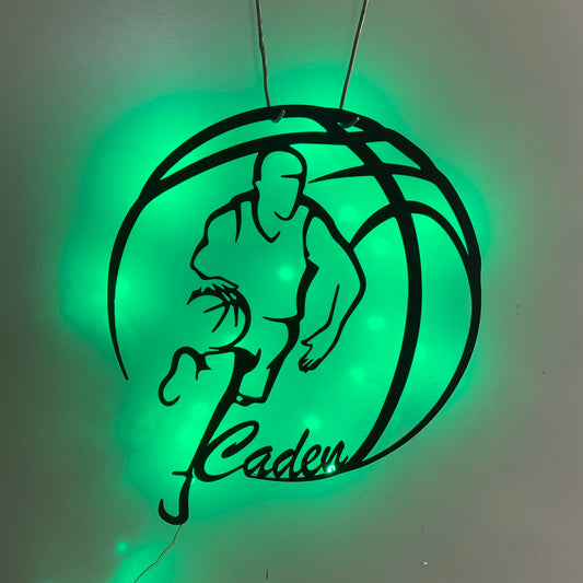 Custom Man Basketball Metal Wall Art With Led Lights, Personalized Basketball Player Metal Name Sign, Basketball Sport Metal Led Decor